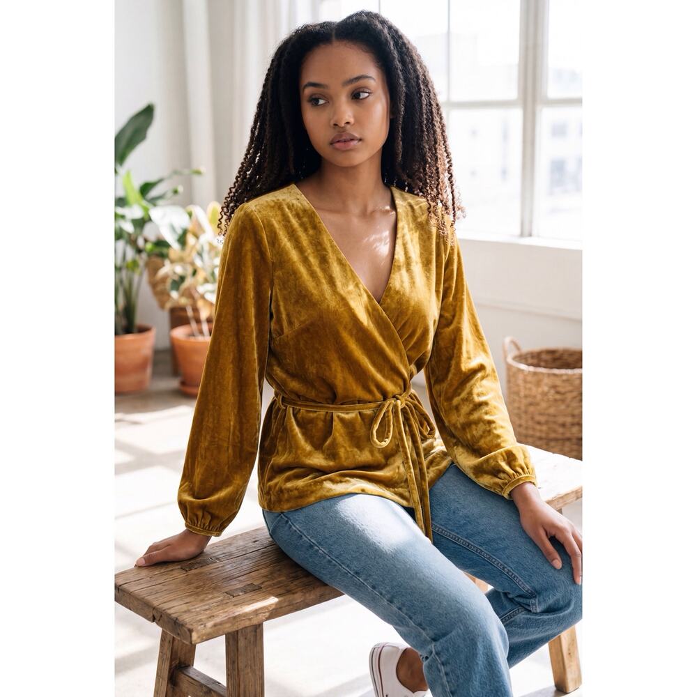 NWT J Crew Velvet Chartreuse Gold Belted Top V Neck Long Sleeve Side Zip